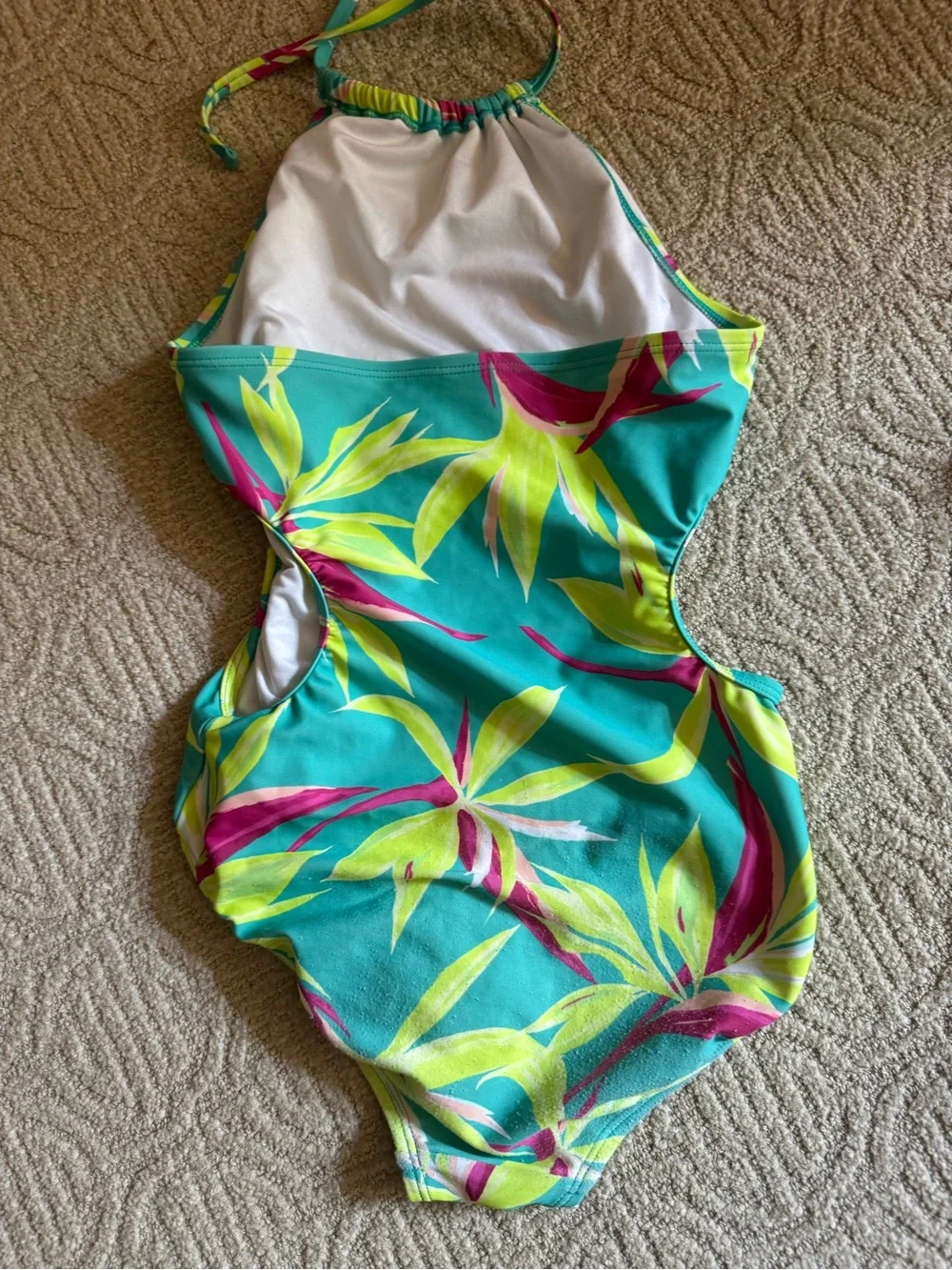 Old Navy Girls Teal Tropical One-Piece Swimsuit with Yellow and Pink Leaves